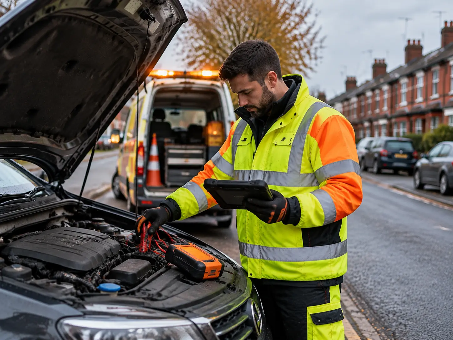 An automotive technician using an orange heavy duty portable jump starter booster pack and diagnostic tablet under the open bonnet of a modern car on an English suburban street, daytime, ultra crisp clarity.