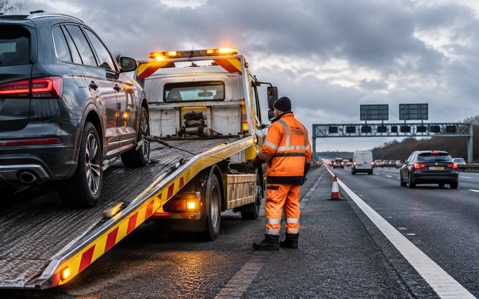 A commercial recovery slide-bed flatbed truck operating on a UK motorway hard shoulder, loading a silver hatchback with hydraulic ramp tilted downward. Overhead motorway gantry visible in the overcast day, professional breakdown technician in high-vis orange and yellow PPE managing the winch cable.