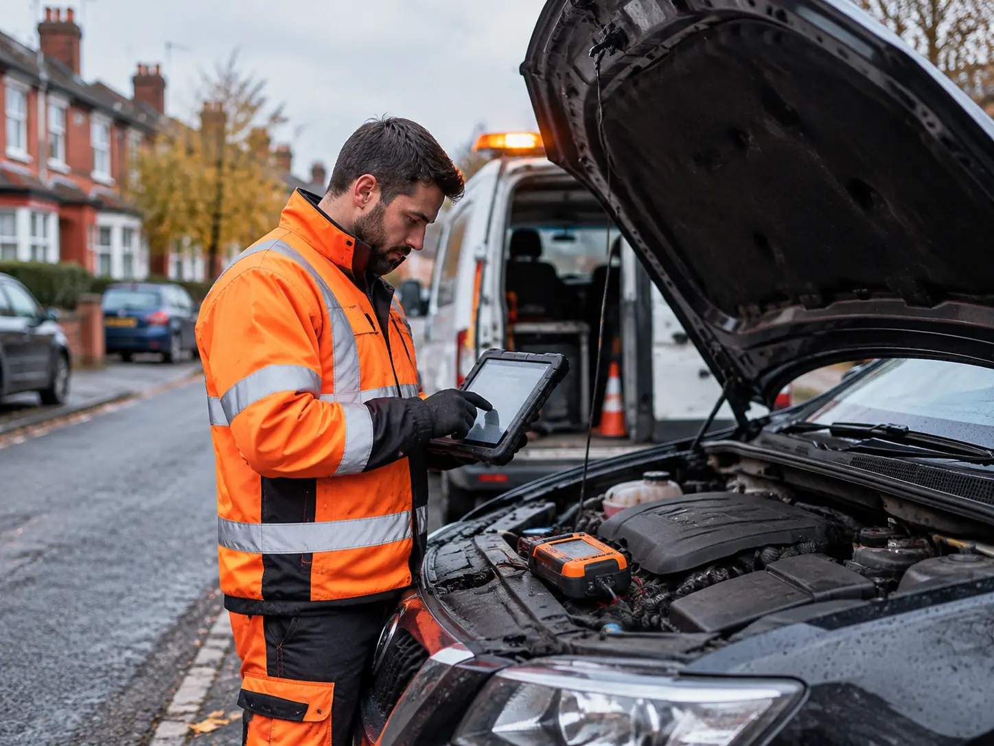 British roadside assistance mechanic in hi-vis uniform diagnosing an open engine bay of a modern dark blue car parked by a residential UK street curb. The technician holds a diagnostic tablet with digital readouts connected to a heavy-duty portable battery jump booster pack under natural British daylight.