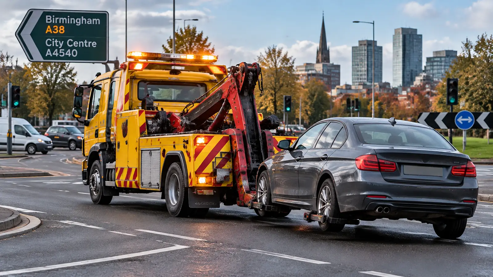 UK flatbed recovery truck winching vehicle safely on motorway shoulder