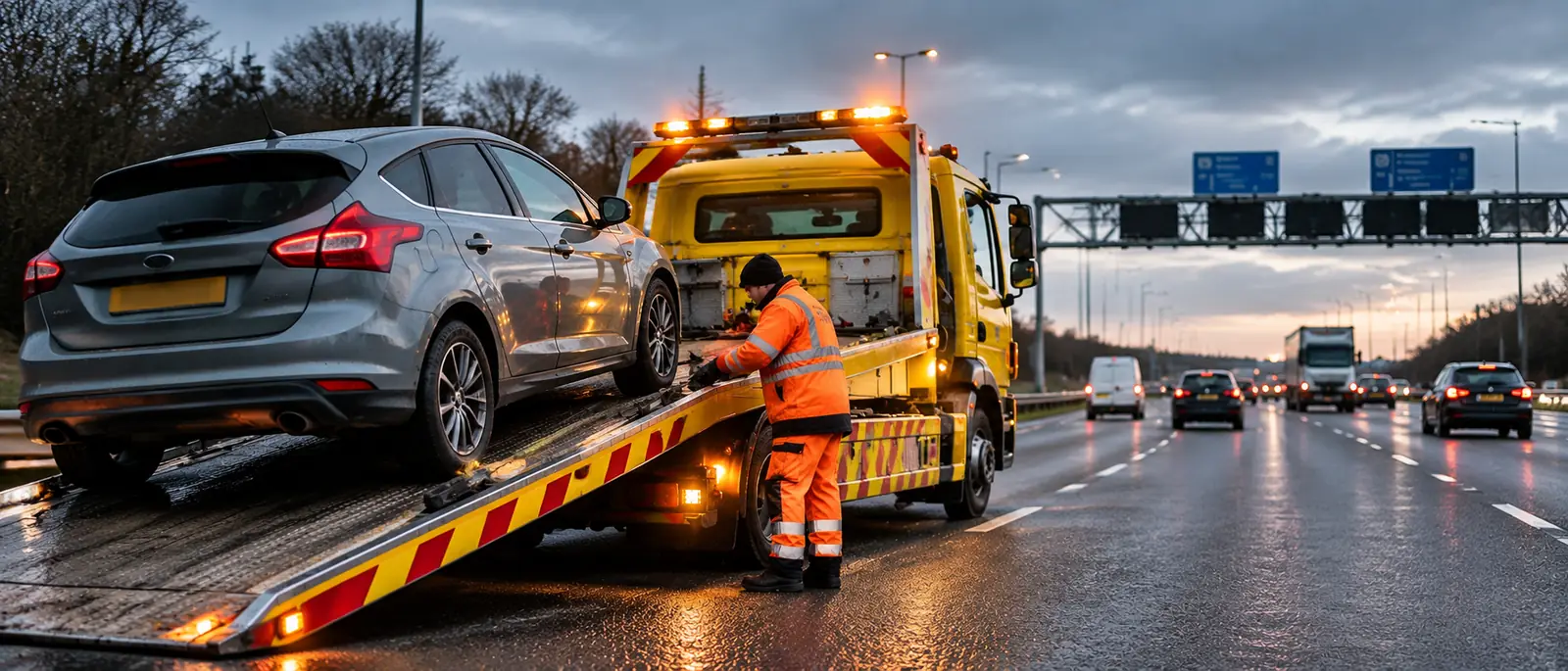 Yellow and blue heavy-duty tilt-tray recovery truck parked on UK motorway shoulder with safe hydraulic recovery ramp extended, loading a stranded modern car. A qualified male recovery specialist in hi-vis orange waterproofs controls remote winch, British motorway background with distant vehicles.