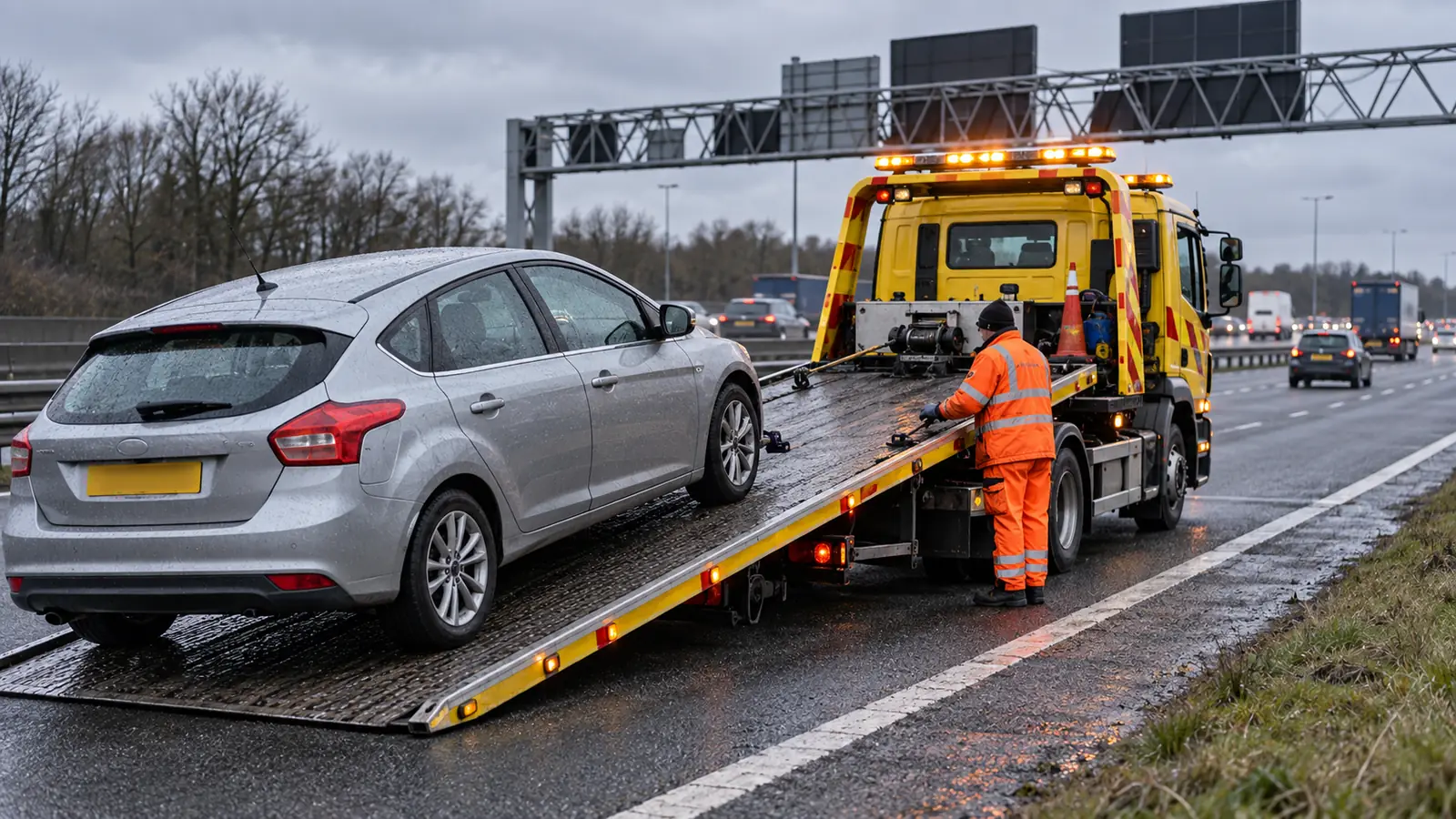 A commercial yellow and red tilt-slide recovery truck loading a silver hatchback on a UK motorway emergency breakdown lane, clear motorway overhead directional gantries in background, sharp documentary style automotive photo.