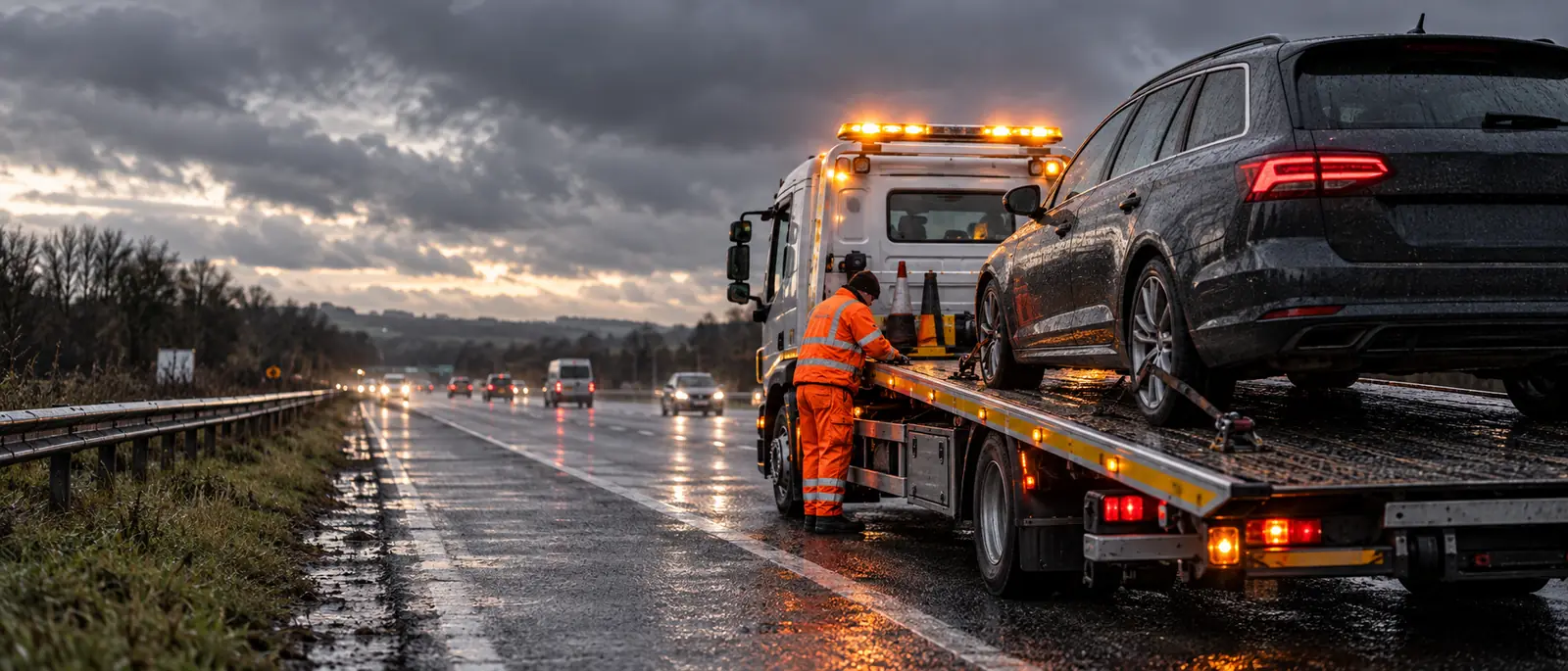 Flatbed recovery truck with amber warning strobe lights on UK motorway shoulder