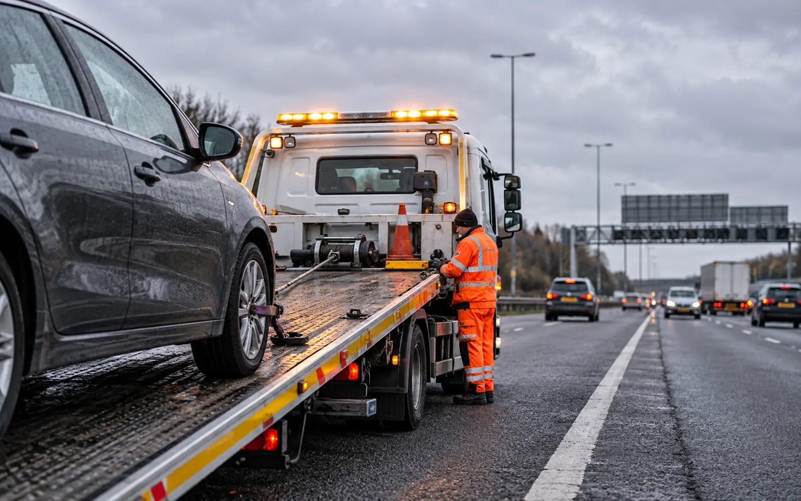 High-spec bright yellow and red livery UK wheel-lift tow truck driving through a British city residential avenue towing a saloon passenger vehicle via safe under-lift grid wheel clamps. Clear 30 MPH road markings, overcast sky, professional municipal transit.