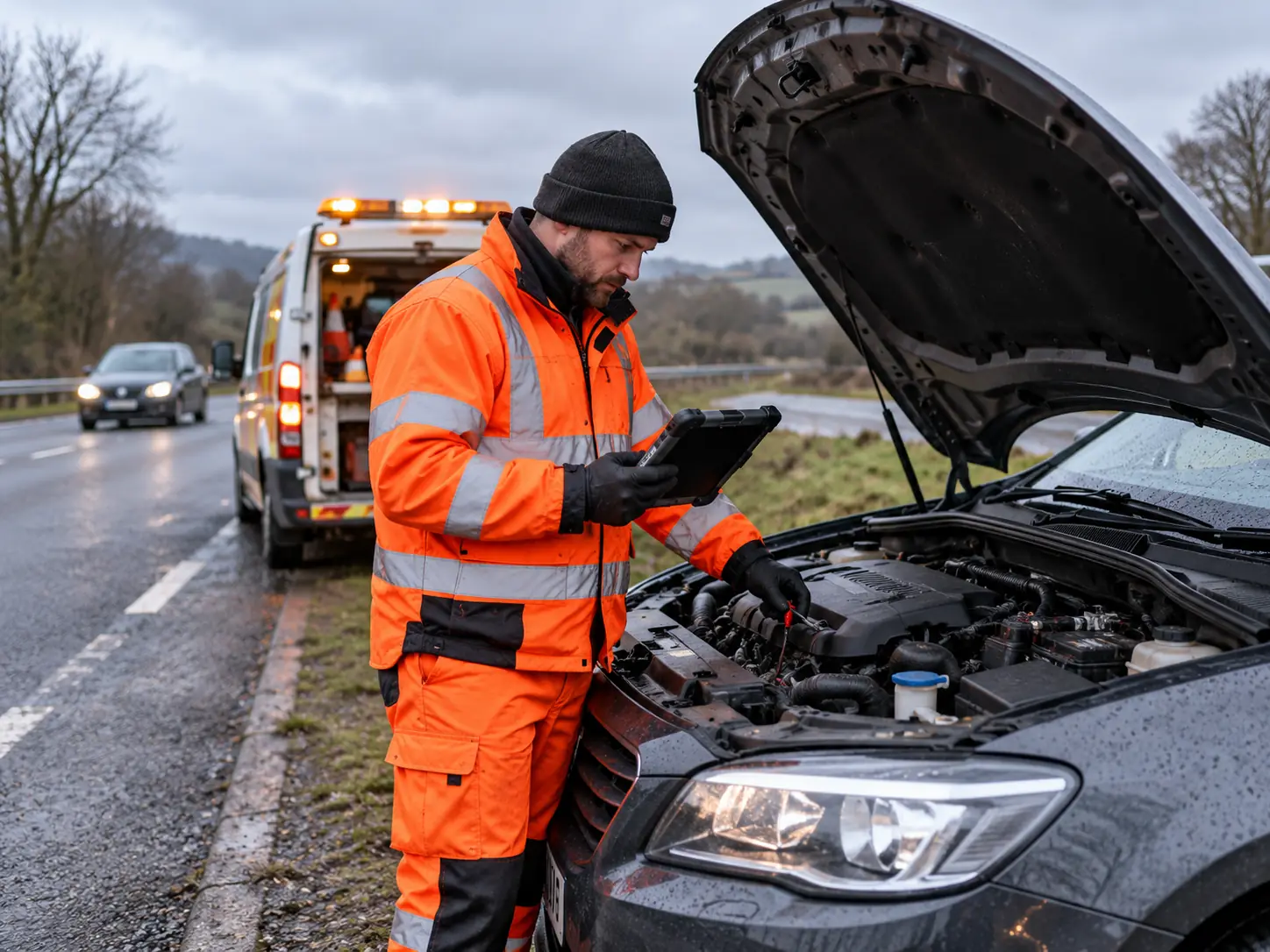 Road Rescue technician inspecting car at roadside