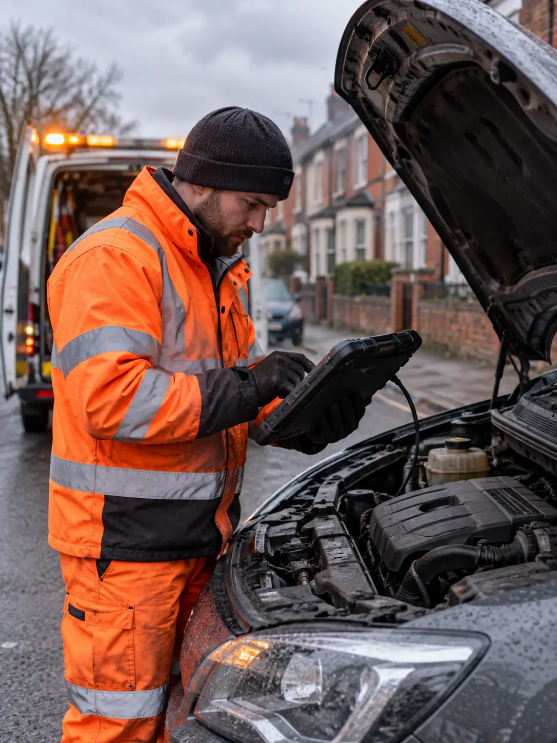 A dedicated British roadside technician in high visibility neon yellow and orange overalls inspecting a vehicle engine with professional diagnostic equipment on a residential UK road with brick terraced houses in background, overcast daylight, authentic automotive recovery.