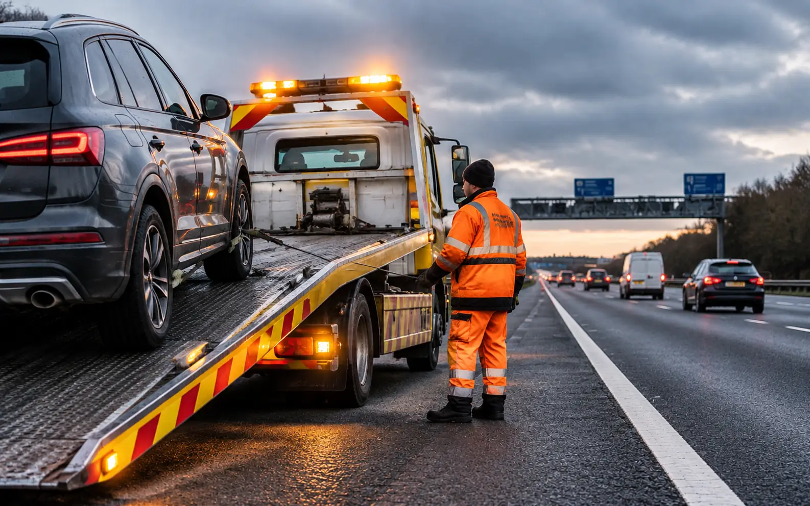 Modern UK flatbed recovery vehicle with amber beacons on motorway shoulder