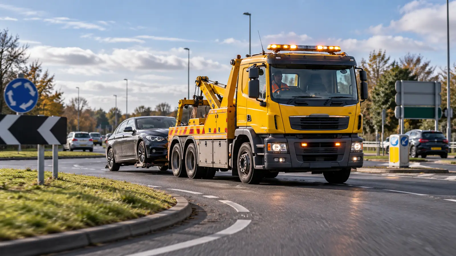 A heavy duty yellow recovery truck safely towing a sedan through an urban UK junction with roundabouts and road signage under clear skies, professional logistics transportation.